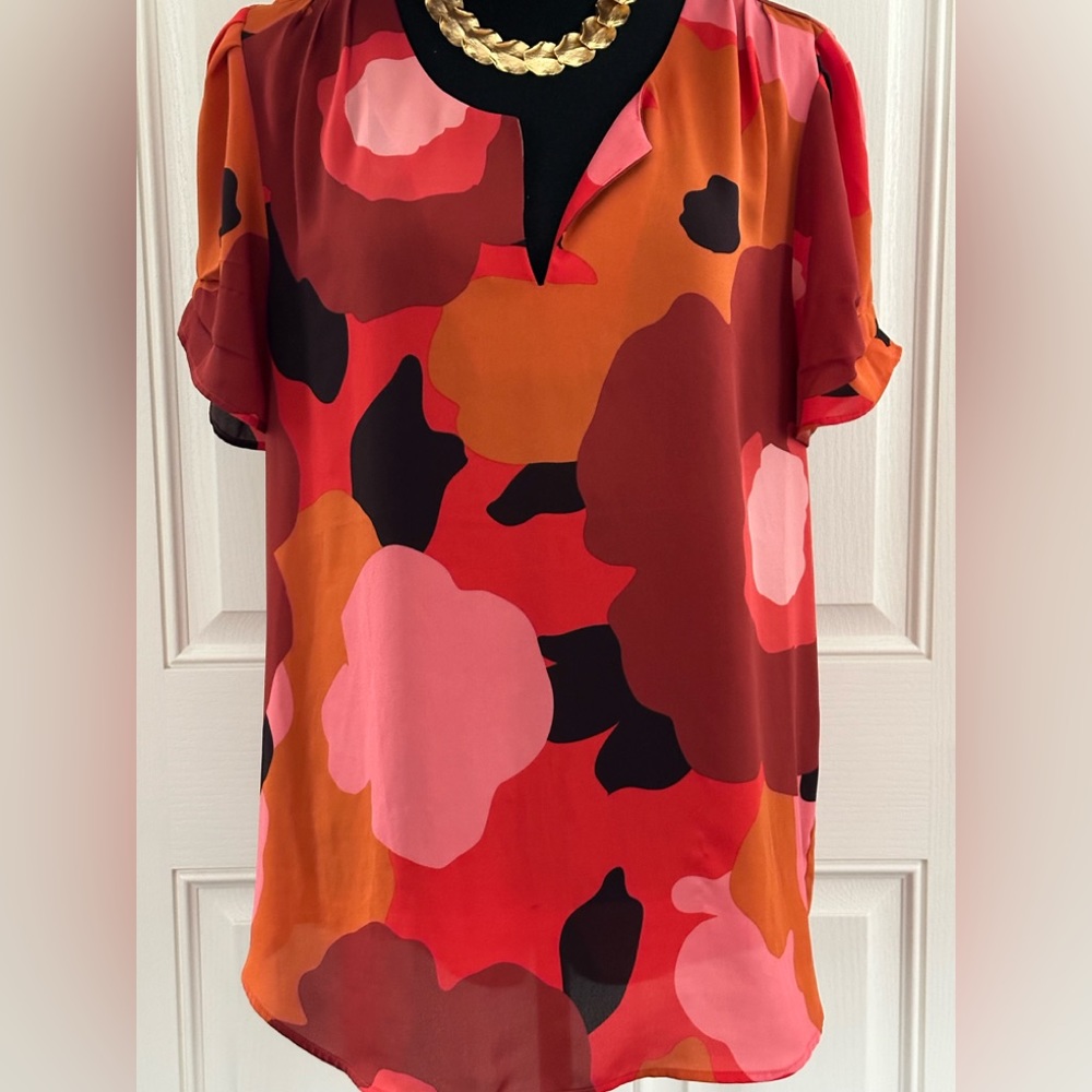 DR2 Mod Floral Short Sleeve Blouse in Coral & Pink Tones, L - Picture 2 of 8